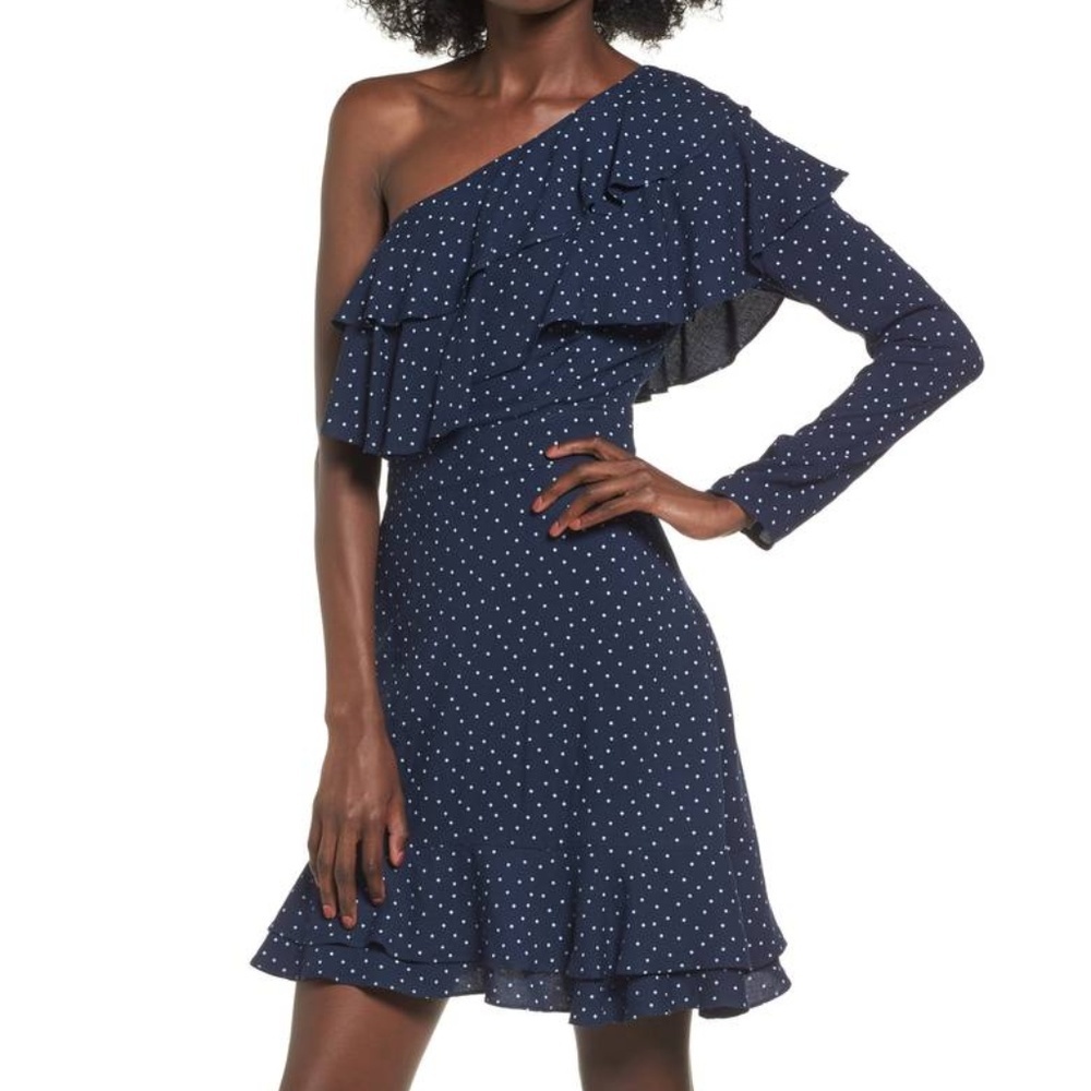 WAYF women M dress Laci one shoulder ruffle tiered polka dot club party prom